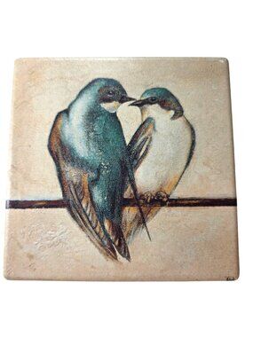 Set Of 3 Square Ceramic Bird Coasters Cork Backing  Blue White Love Bird